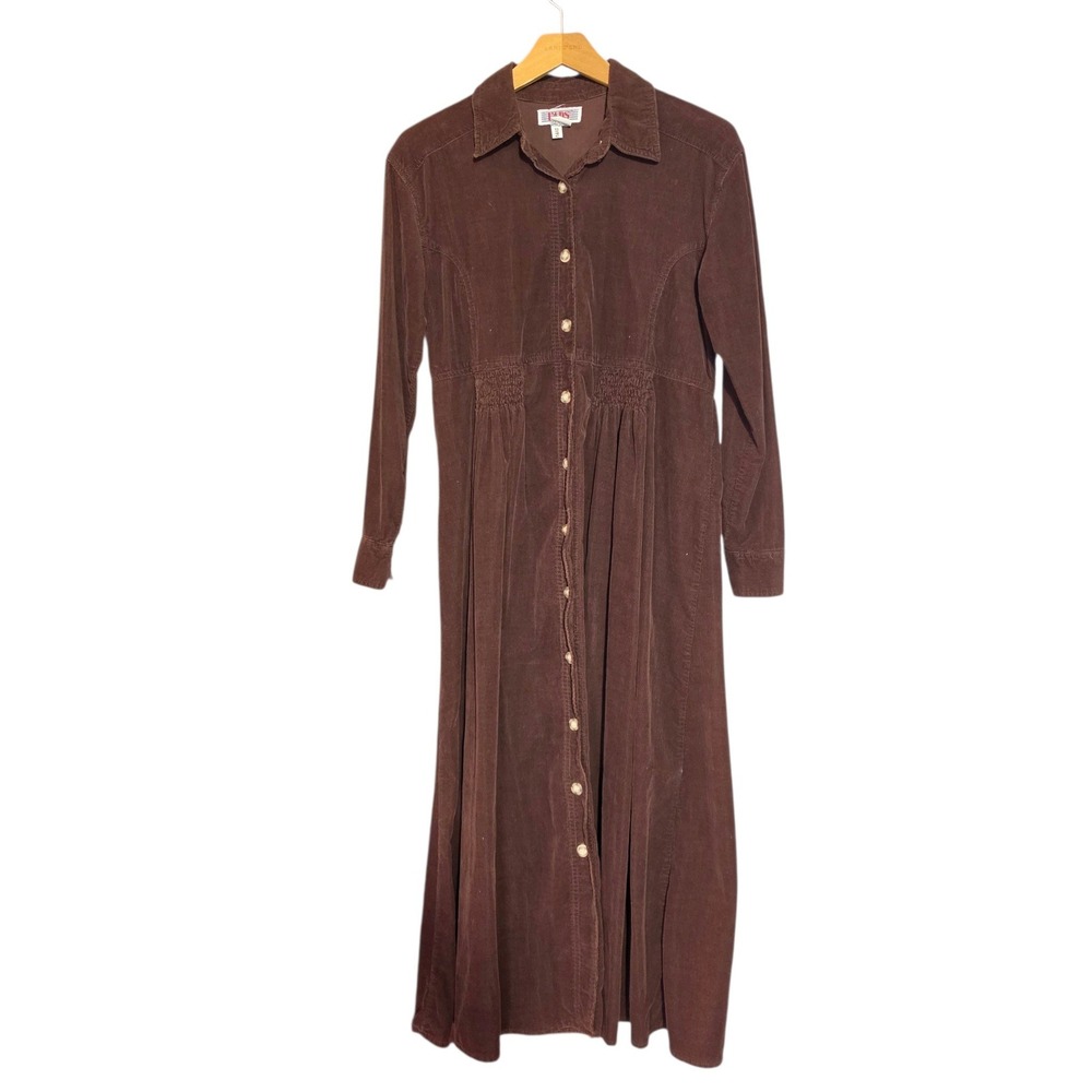 Vtg Womens Size 6 Corduroy Maxi Dress Brown Long Sleeve Button Down Smocked Tie